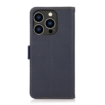For iPhone 15 Pro Max KHAZNEH Side-Magnetic Litchi Genuine Leather RFID Phone Case(Blue) - iPhone 15 Pro Max Cases by buy2fix | Online Shopping UK | buy2fix