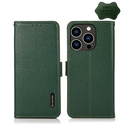For iPhone 15 Pro Max KHAZNEH Side-Magnetic Litchi Genuine Leather RFID Phone Case(Green) - iPhone 15 Pro Max Cases by buy2fix | Online Shopping UK | buy2fix