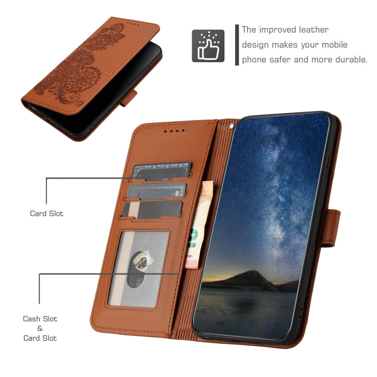 For iPhone 16e Datura Flower Embossed Flip Leather Phone Case(Brown) by buy2fix