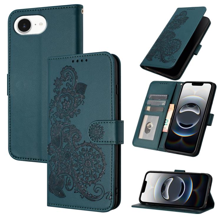 For iPhone 16e Datura Flower Embossed Flip Leather Phone Case(Dark Green) by buy2fix