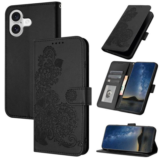 For iPhone 17 Datura Flower Embossed Flip Leather Phone Case(Black) - iPhone 17 Cases by buy2fix | Online Shopping UK | buy2fix