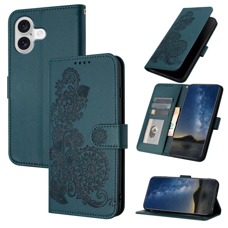 For iPhone 17 Datura Flower Embossed Flip Leather Phone Case(Dark Green) - iPhone 17 Cases by buy2fix | Online Shopping UK | buy2fix