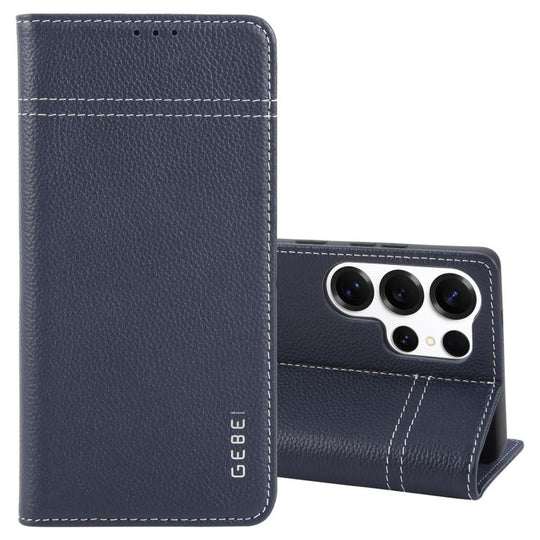 For Galaxy S25 Ultra 5G GEBEI Top-grain Horizontal Flip Leather Phone Case(Blue)