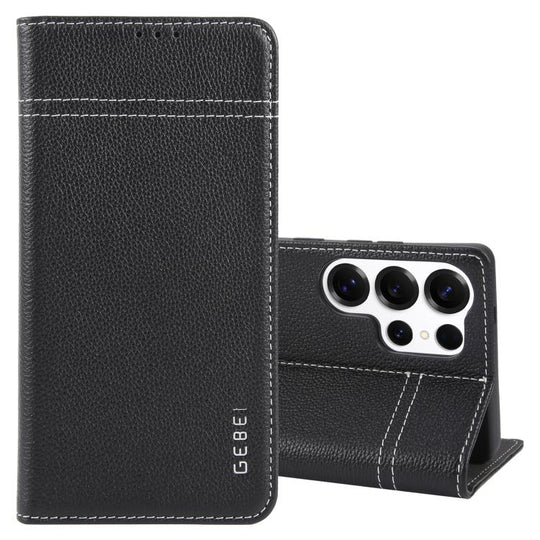 For Galaxy S25 Ultra 5G GEBEI Top-grain Horizontal Flip Leather Phone Case(Black)