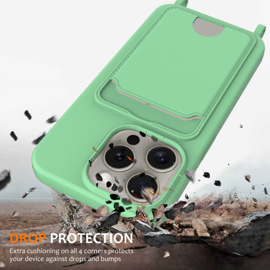For iPhone 16 Pro Max Integrated Card Bag Solid Color Liquid Silicone Phone Case with Lanyard(Green) by buy2fix