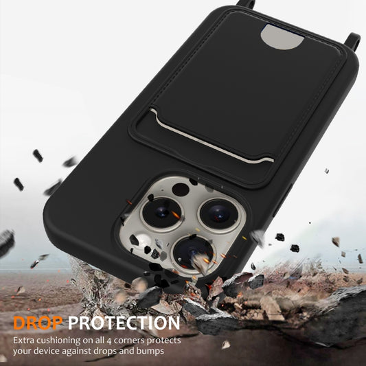 For iPhone 16 Pro Max Integrated Card Bag Solid Color Liquid Silicone Phone Case with Lanyard(Black) by buy2fix