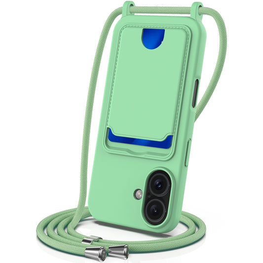 For iPhone 16 Plus Integrated Card Bag Solid Color Liquid Silicone Phone Case with Lanyard(Green) - iPhone 16 Plus Cases by buy2fix | Online Shopping UK | buy2fix