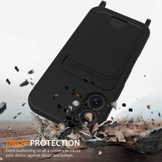 For iPhone 16 Integrated Card Bag Solid Color Liquid Silicone Phone Case with Lanyard(Black) by buy2fix