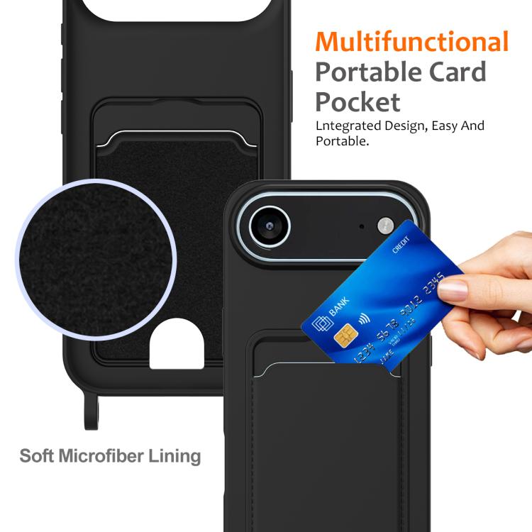 For iPhone Air Integrated Card Bag Solid Color Liquid Silicone Phone Case with Lanyard(Black) - iPhone Air Cases by buy2fix | Online Shopping UK | buy2fix