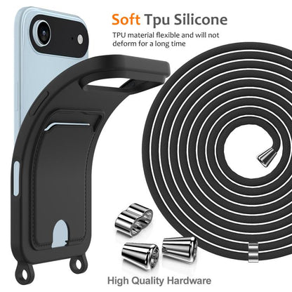 For iPhone Air Integrated Card Bag Solid Color Liquid Silicone Phone Case with Lanyard(Black) - iPhone Air Cases by buy2fix | Online Shopping UK | buy2fix