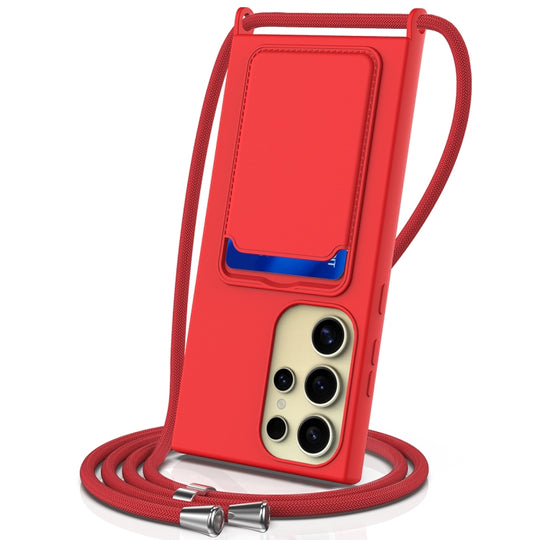 For Samsung Galaxy S24 Ultra 5G Integrated Card Bag Solid Color Liquid Silicone Phone Case with Lanyard(Red)
