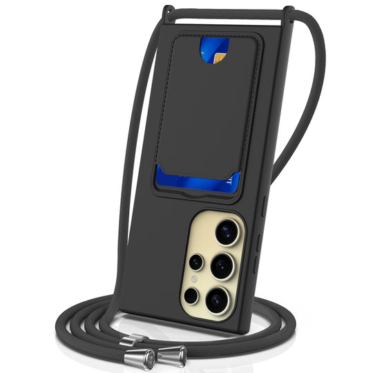 For Samsung Galaxy S23 Ultra 5G Integrated Card Bag Solid Color Liquid Silicone Phone Case with Lanyard(Black)