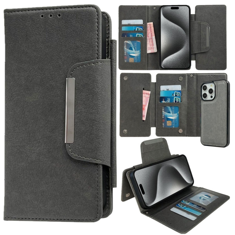 For iPhone 15 Pro Max Multifunctional 7-Cards Wallet Leather Phone Case(Grey) - iPhone 15 Pro Max Cases by buy2fix | Online Shopping UK | buy2fix