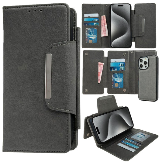 For iPhone 15 Pro Multifunctional 7-Cards Wallet Leather Phone Case(Grey) - iPhone 15 Pro Cases by buy2fix | Online Shopping UK | buy2fix