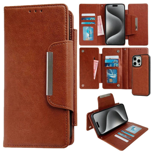 For iPhone 15 Pro Multifunctional 7-Cards Wallet Leather Phone Case(Brown) - iPhone 15 Pro Cases by buy2fix | Online Shopping UK | buy2fix