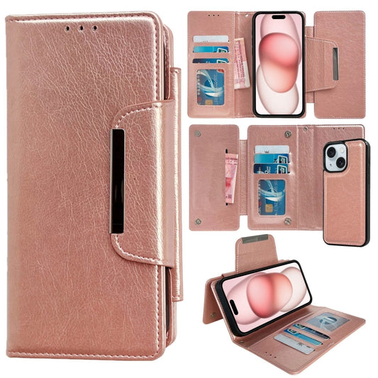 For iPhone 15 Plus Multifunctional 7-Cards Wallet Leather Phone Case(Rose Gold) - iPhone 15 Plus Cases by buy2fix | Online Shopping UK | buy2fix
