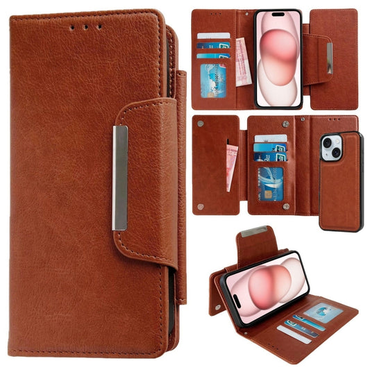 For iPhone 15 Plus Multifunctional 7-Cards Wallet Leather Phone Case(Brown) - iPhone 15 Plus Cases by buy2fix | Online Shopping UK | buy2fix
