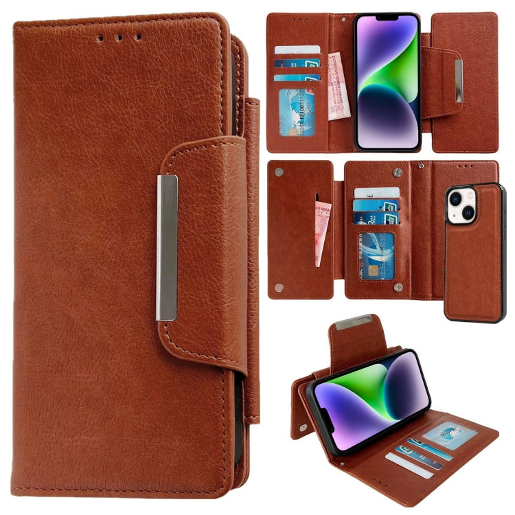 For iPhone 14 Plus Multifunctional 7-Cards Wallet Leather Phone Case(Brown) - iPhone 14 Plus Cases by buy2fix | Online Shopping UK | buy2fix