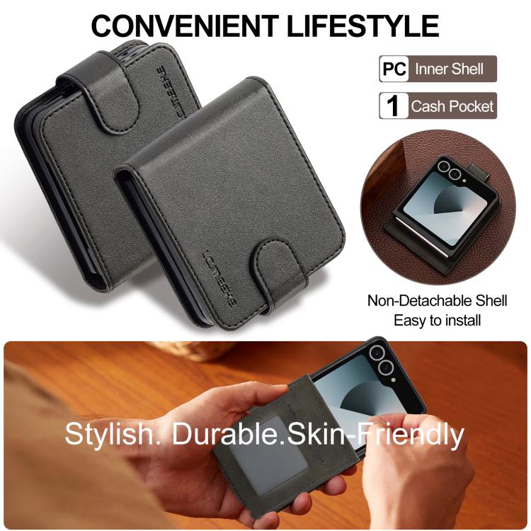 For Samsung Galaxy Z Flip7 5G LC.IMEEKE Calf Texture Leather Phone Case(Black) - Galaxy Z Flip7 5G Cases by LC.IMEEKE | Online Shopping UK | buy2fix