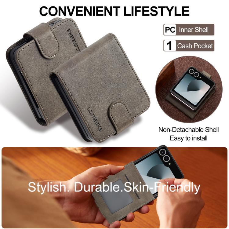 For Samsung Galaxy Z Flip7 5G LC.IMEEKE Calf Texture Leather Phone Case(Grey) - Galaxy Z Flip7 5G Cases by LC.IMEEKE | Online Shopping UK | buy2fix