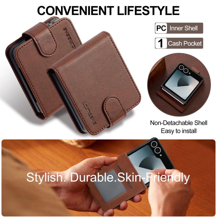 For Samsung Galaxy Z Flip7 5G LC.IMEEKE Calf Texture Leather Phone Case(Coffee) - Galaxy Z Flip7 5G Cases by LC.IMEEKE | Online Shopping UK | buy2fix