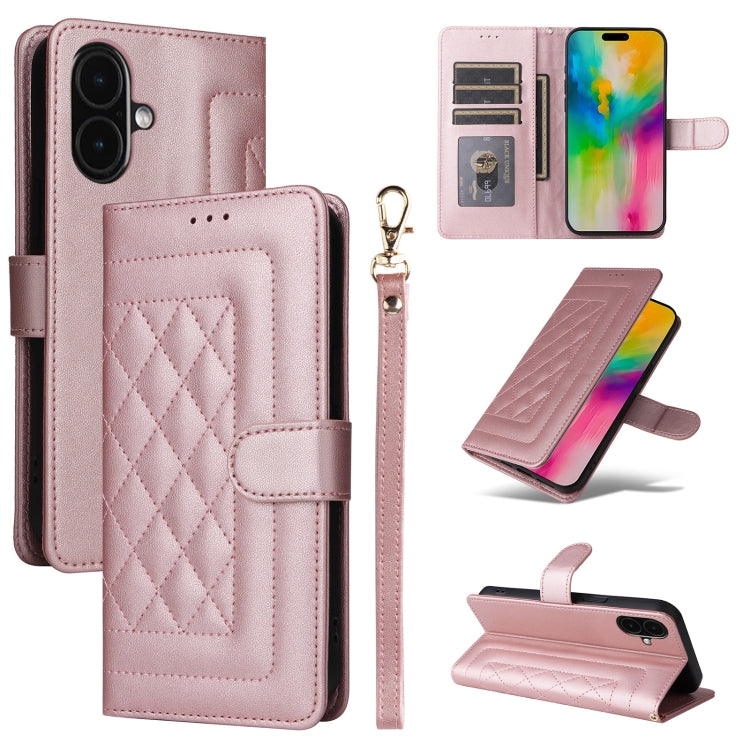 For iPhone 16 Diamond Lattice Leather Flip Phone Case(Rose Gold) by buy2fix