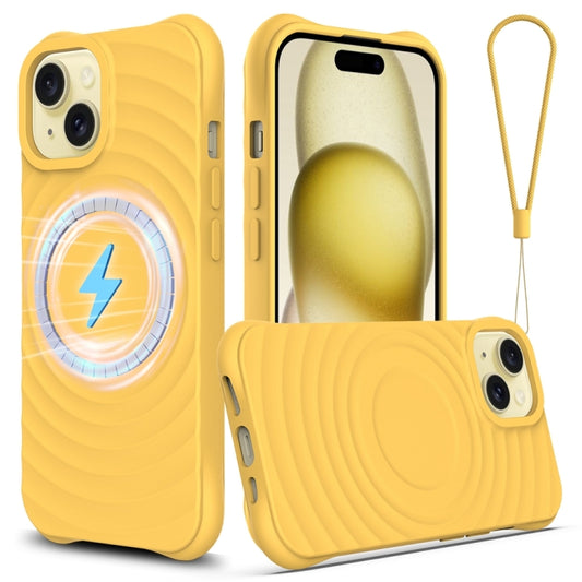For iPhone 15 Wave Texture MagSafe Magnetic Liquid Silicone Phone Case(Yellow) by buy2fix