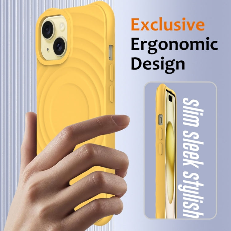 For iPhone 15 Wave Texture MagSafe Magnetic Liquid Silicone Phone Case(Yellow) - iPhone 15 Cases by buy2fix | Online Shopping UK | buy2fix