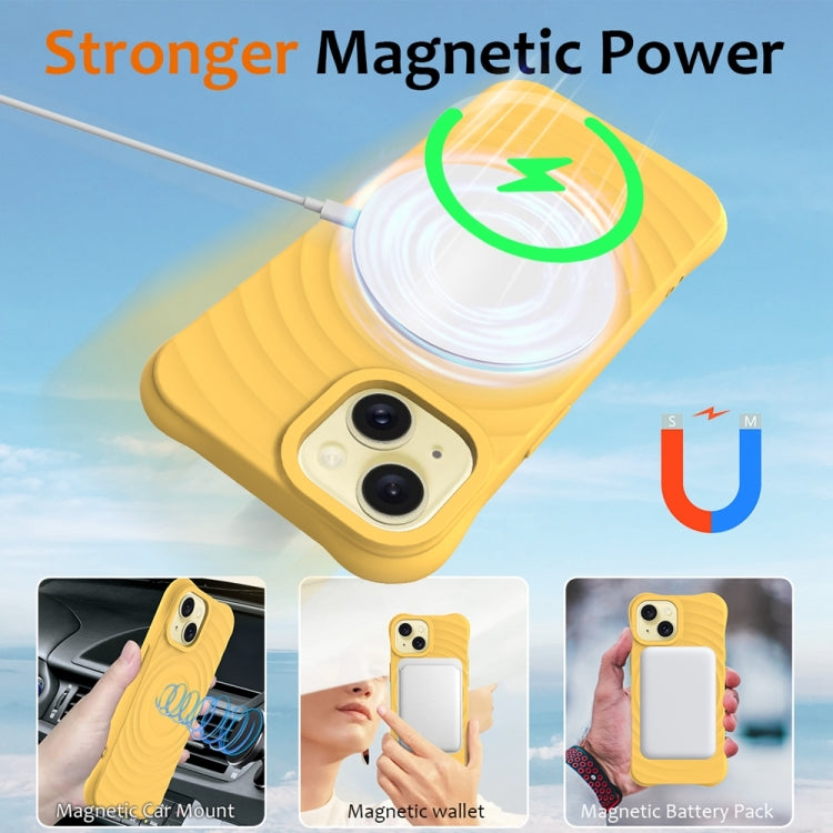 For iPhone 15 Wave Texture MagSafe Magnetic Liquid Silicone Phone Case(Yellow) - iPhone 15 Cases by buy2fix | Online Shopping UK | buy2fix