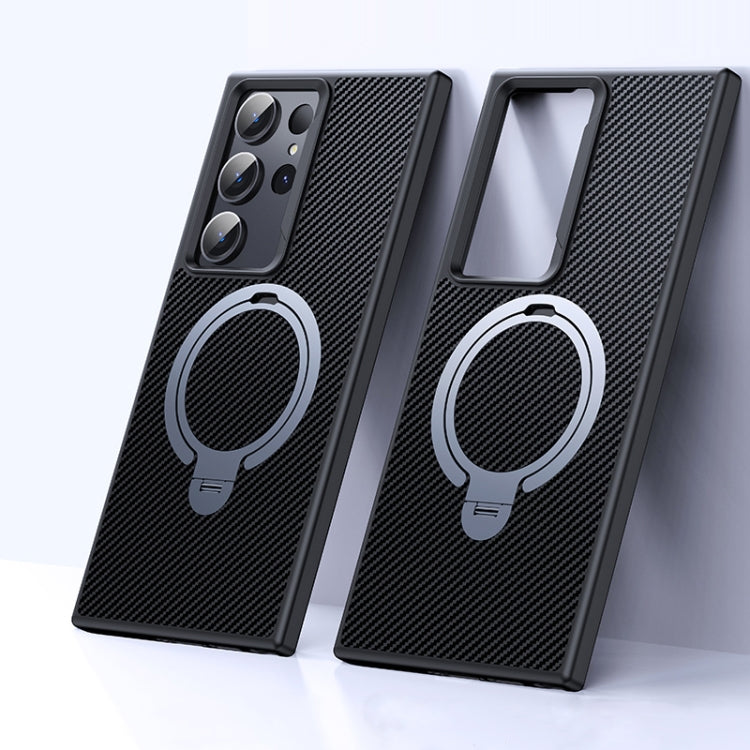 For Samsung Galaxy S23 Ultra 5G Double Ring MagSafe Holder Carbon Fibre Phone Case(Silver) by buy2fix