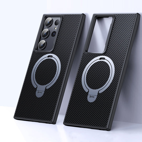 For Samsung Galaxy S23 Ultra 5G Double Ring MagSafe Holder Carbon Fibre Phone Case(Silver)