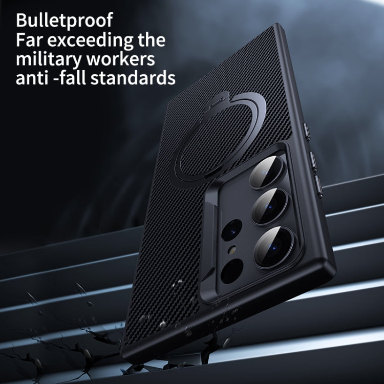 For Samsung Galaxy S23 Ultra 5G Double Ring MagSafe Holder Carbon Fibre Phone Case(Silver) by buy2fix