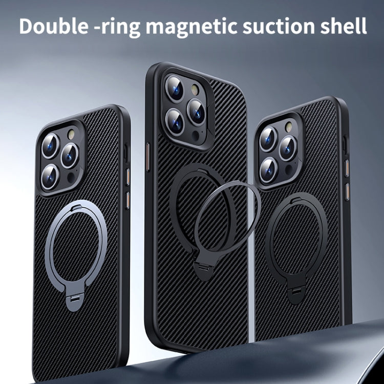For iPhone 15 Double Ring MagSafe Holder Carbon Fibre Phone Case(Black) - iPhone 15 Cases by buy2fix | Online Shopping UK | buy2fix