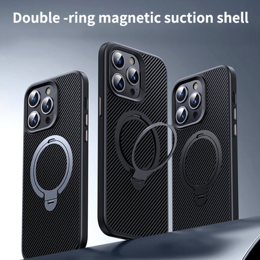 For iPhone 15 Plus / 14 Plus Double Ring MagSafe Holder Carbon Fiber Phone Case(Silver) by buy2fix
