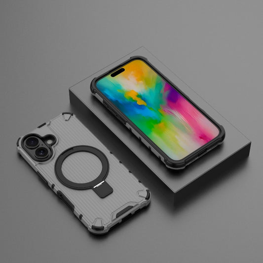 For iPhone 16 Grating Holder Shockproof Phone Case(Transparent Black) by buy2fix