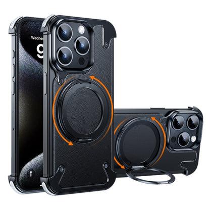 For iPhone 15 Pro Max 360 Degree Rotation MagSafe Stand Metal Phone Case(Leather Black) - iPhone 15 Pro Max Cases by buy2fix | Online Shopping UK | buy2fix