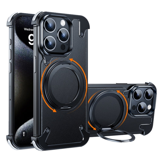 For iPhone 15 Pro 360 Degree Rotation MagSafe Stand Metal Phone Case(Leather Black) - iPhone 15 Pro Cases by buy2fix | Online Shopping UK | buy2fix