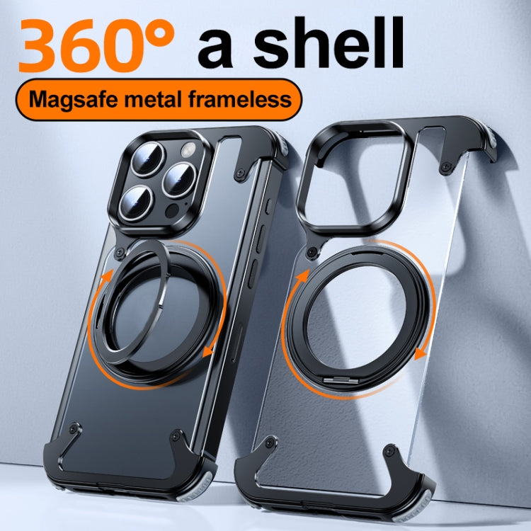 For iPhone 15 Pro 360 Degree Rotation MagSafe Stand Metal Phone Case(Leather Silver) - iPhone 15 Pro Cases by buy2fix | Online Shopping UK | buy2fix