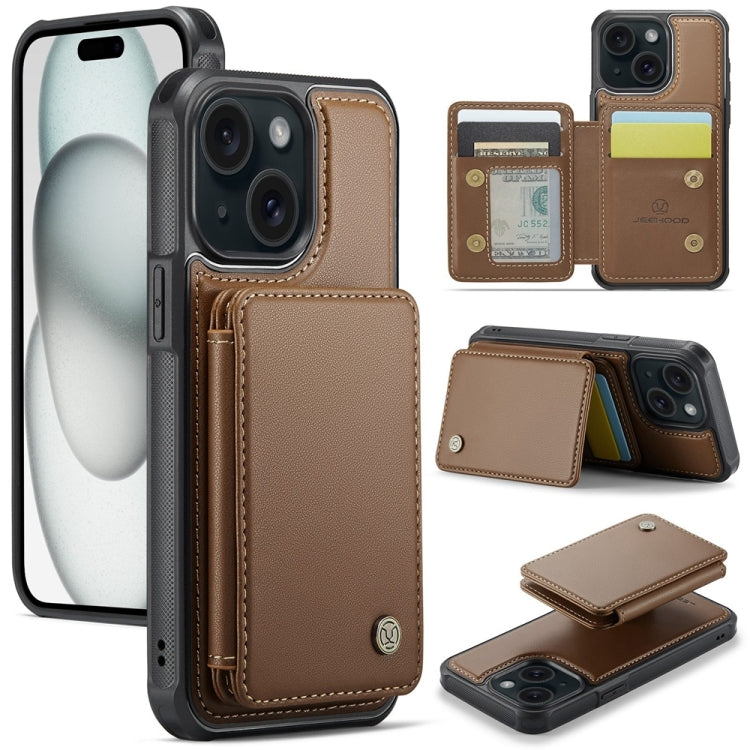 For iPhone 15 JEEHOOD J05 Business Magnetic Style RFID Leather Phone Case(Brown) - iPhone 15 Cases by JEEHOOD | Online Shopping UK | buy2fix