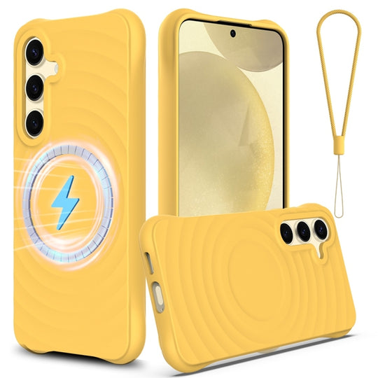 For Samsung Galaxy S24 FE 5G Wave Texture MagSafe Magnetic Liquid Silicone Phone Case(Yellow)