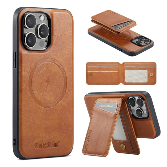 For iPhone 15 Pro Max Fierre Shann Cowhide Vertical Flip Magnetic Card Holder Phone Case(Brown)