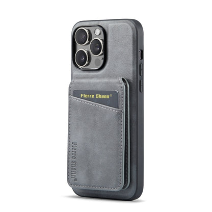 For iPhone 15 Pro Fierre Shann Cowhide Vertical Flip Magnetic Card Holder Phone Case(Grey) - iPhone 15 Pro Cases by FIERRE SHANN | Online Shopping UK | buy2fix