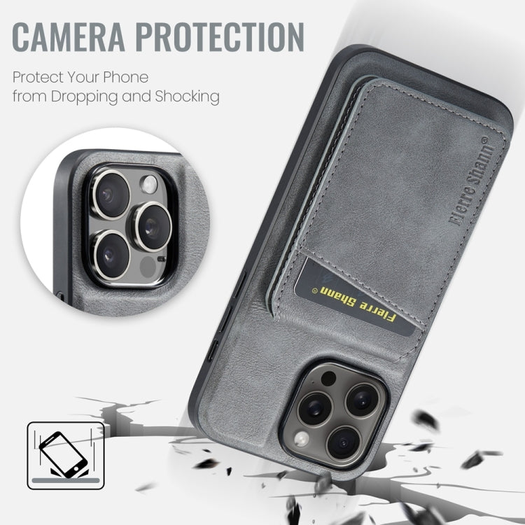 For iPhone 15 Pro Fierre Shann Cowhide Vertical Flip Magnetic Card Holder Phone Case(Grey) - iPhone 15 Pro Cases by FIERRE SHANN | Online Shopping UK | buy2fix