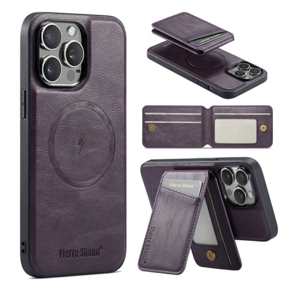 For iPhone 15 Pro Fierre Shann Cowhide Vertical Flip Magnetic Card Holder Phone Case(Purple) - iPhone 15 Pro Cases by FIERRE SHANN | Online Shopping UK | buy2fix