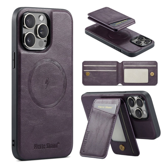 For iPhone 15 Pro Fierre Shann Cowhide Vertical Flip Magnetic Card Holder Phone Case(Purple) - iPhone 15 Pro Cases by FIERRE SHANN | Online Shopping UK | buy2fix