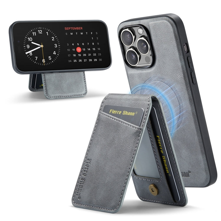 For iPhone 14 Pro Max Fierre Shann Cowhide Vertical Flip Magnetic Card Holder Phone Case(Grey) - iPhone 14 Pro Max Cases by FIERRE SHANN | Online Shopping UK | buy2fix