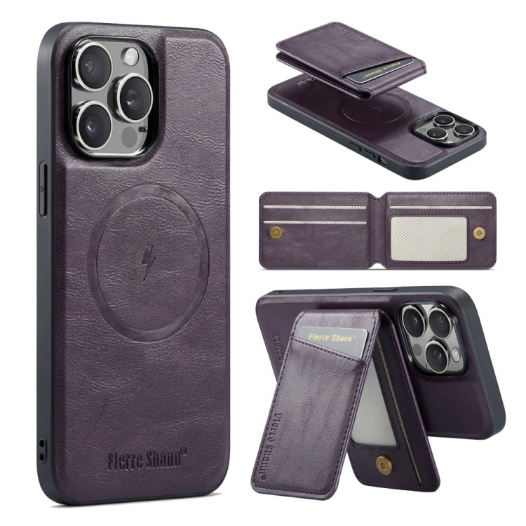 For iPhone 13 Pro Max Fierre Shann Cowhide Vertical Flip Magnetic Card Holder Phone Case(Purple) - iPhone 13 Pro Max Cases by FIERRE SHANN | Online Shopping UK | buy2fix