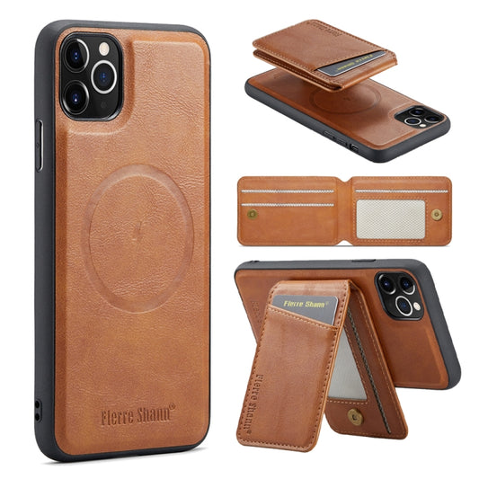 For iPhone 11 Pro Max Fierre Shann Cowhide Vertical Flip Magnetic Card Holder Phone Case(Brown) - iPhone 11 Pro Max Cases by FIERRE SHANN | Online Shopping UK | buy2fix
