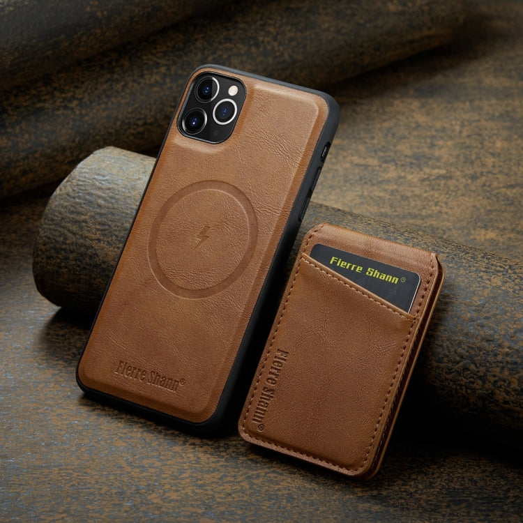 For iPhone 11 Pro Max Fierre Shann Cowhide Vertical Flip Magnetic Card Holder Phone Case(Brown) - iPhone 11 Pro Max Cases by FIERRE SHANN | Online Shopping UK | buy2fix