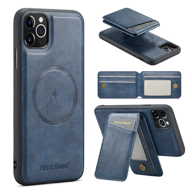 For iPhone 11 Pro Max Fierre Shann Cowhide Vertical Flip Magnetic Card Holder Phone Case(Blue) - iPhone 11 Pro Max Cases by FIERRE SHANN | Online Shopping UK | buy2fix
